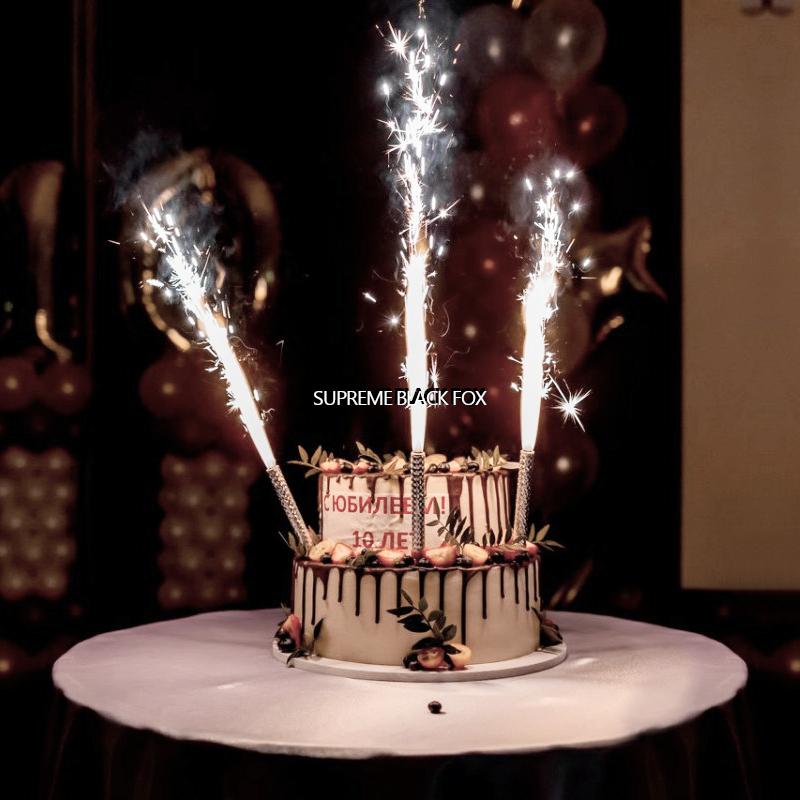 4 Silver Sparkling Candles Large Birthday Cake Fountain Candle W Supreme Black Fox LLC