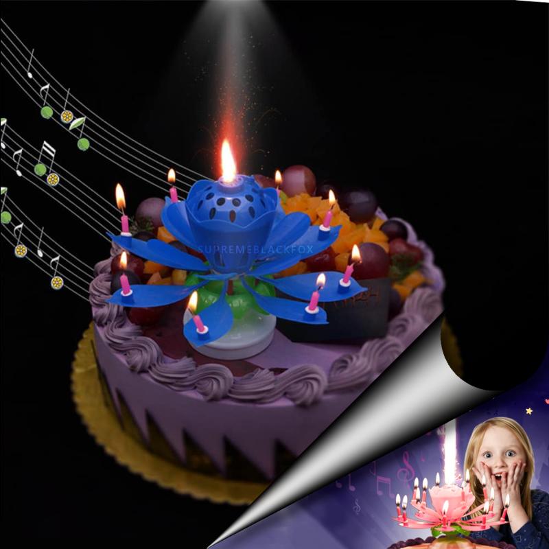 Blue "Happy Birthday" Singing Musical Flower Candle Rotating Party L