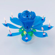 Load image into Gallery viewer, Blue &quot;Happy Birthday&quot; Singing Musical Flower Candle - Rotating Party Light Magical Lotus Music Cake Candles Lotus Candle Supreme Black Fox 
