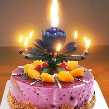 Load image into Gallery viewer, Blue &quot;Happy Birthday&quot; Singing Musical Flower Candle - Rotating Party Light Magical Lotus Music Cake Candles Lotus Candle Supreme Black Fox 
