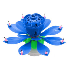 Load image into Gallery viewer, Blue &quot;Happy Birthday&quot; Singing Musical Flower Candle - Rotating Party Light Magical Lotus Music Cake Candles Lotus Candle Supreme Black Fox 
