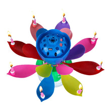 Load image into Gallery viewer, Multi Color &quot;Happy Birthday&quot; Singing Musical Flower Candle - Rotating Party Light Magical Lotus Music Cake Candles Lotus Candle Supreme Black Fox 
