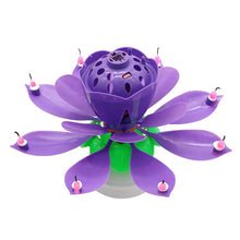 Load image into Gallery viewer, Purple &quot;Happy Birthday&quot; Singing Musical Flower Candle - Rotating Party Light Magical Lotus Music Cake Candles Lotus Candle Supreme Black Fox 
