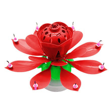 Load image into Gallery viewer, Red &quot;Happy Birthday&quot; Singing Musical Flower Candle - Rotating Party Light Magical Lotus Music Cake Candles Lotus Candle Supreme Black Fox 
