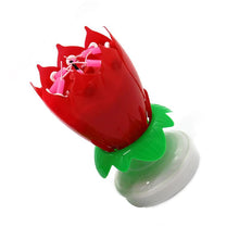 Загрузить изображение в средство просмотра галереи, Red &quot;Happy Birthday&quot; Singing Musical Flower Candle - Rotating Party Light Magical Lotus Music Cake Candles Lotus Candle Supreme Black Fox 

